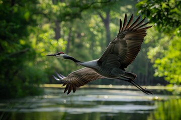 Fototapeta premium A large crane gracefully soars above a body of water, its wings spread wide against a backdrop of lush wetlands
