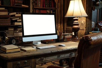 A computer monitor with a blank screen placed on top of a vintage wooden desk