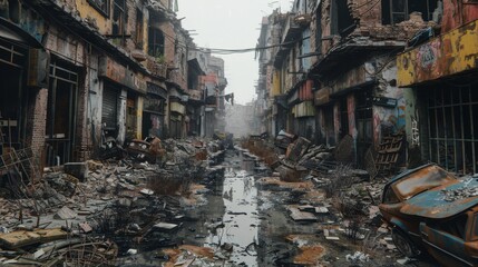 Post apocalyptic city. Rubble and debris line the streets. A lone figure stands in the distance.
