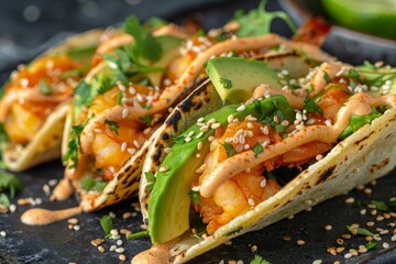 A black plate holds three tacos topped with tempura shrimp, avocado slices, and a drizzle of spicy mayo in a Japanese-inspired presentation