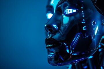 A robotic face with metallic features illuminated by glowing blue lights against a deep blue background