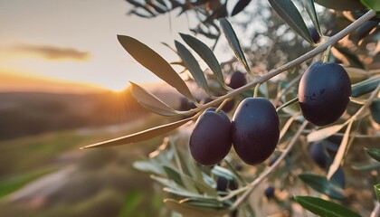fresh bio black olives in olives tree farm healthy food concept panorama with sunset generative ai