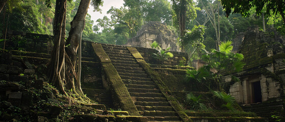 Ancient structures surrounded by lush greenery in Tikal, Guatemala, showcasing Mayan architecture and history.