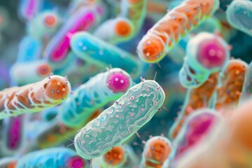 Close-up of various bacteria in a green-blue environment, showcasing different forms and textures, representing diversity in microscopic life, bacillus, macrophotography