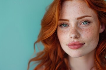 A close-up portrait of a confident young woman with red hair and freckles