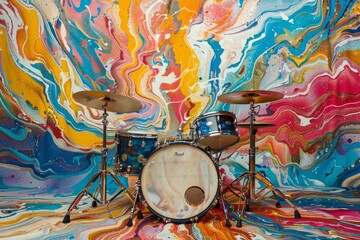 A drum set is placed on top of a vibrant and colorful floor filled with abstract art, creating a dynamic and energetic scene