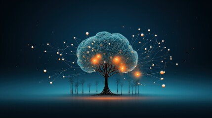 Conceptual image of human brain and tree made of connected lines and dots