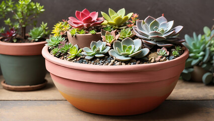 A clay pot holds a variety of succulent plants with different shapes and colours.

