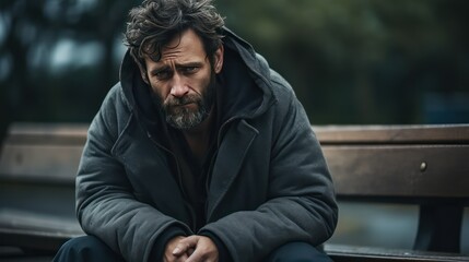 Portrait of a sad mature man sitting on a bench outdoors.