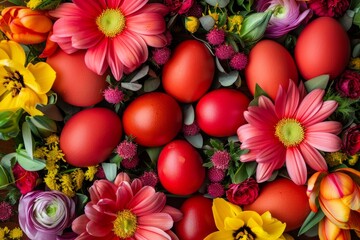Close-up view of a bunch of colorful spring flowers mixed with eggs in a circular pattern