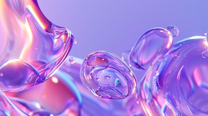 Glass floating flat organic forms, shapeless,  holographic background.