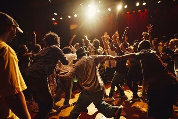 A dynamic scene of a group of people enthusiastically dancing on a stage during a performance
