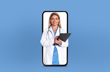 Millennial blonde woman doctor displayed on a smartphone screen, representing an accessible telehealth service, collage