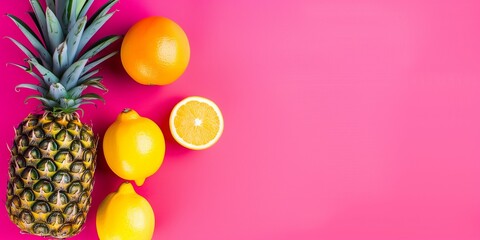 Fruits on vivid pink background with copy space. Healthy diet concept.