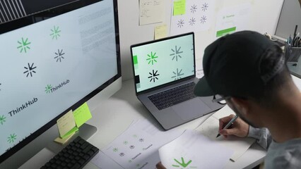 Young Asian Graphic designer working in office. Designing logo Artist Creative Designer Illustrator Graphic Skill Concept.