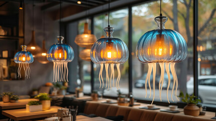 Obraz premium Cozy cafe with creative jellyfish shaped lamps