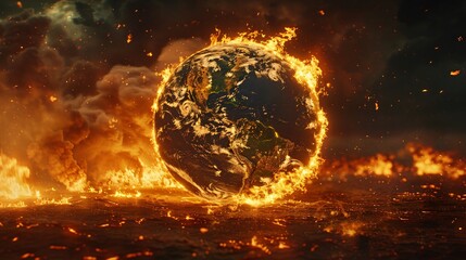 Planet in peril, 3D depiction of Earth with fire engulfing continents, a call for climate action. - obrazy, fototapety, plakaty