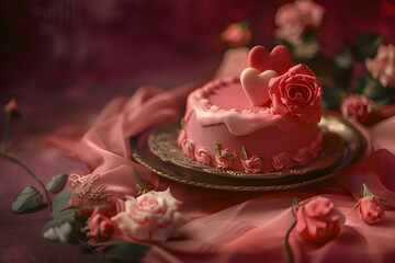 Naklejka premium Romantic Pink Frosted Cake Adorned with Heart Decorations