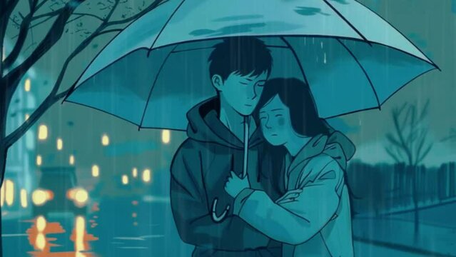 A couple snuggles under an umbrella, walking through the rain to the tune of soothing lo-fi beats, Lofi 2D Japanese anime-style 4k animation video