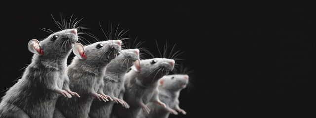Capture a moment of collective distress and disbelief as a bunch of rats look up, their expressions filled with surprise and confusion. Copy space, black background. © Pink Badger