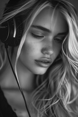 Blonde woman with neon headphones, album covers