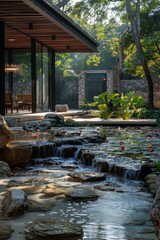 Naklejka premium The photo shows a beautiful garden with a waterfall and a house in the background