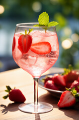 Strawberry iced tea. A cool and refreshing glass of drink with fresh strawberries on an outdoor table. Vertical, side view.