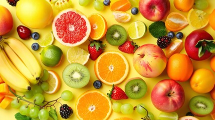 Raw fruit on a single-color background. A fresh and healthy wallpaper.