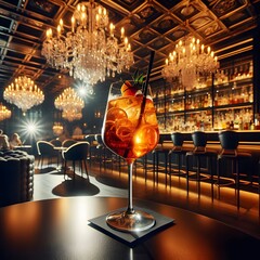 Aperol Spritz Cocktail in a luxury night bar. Drink, beverage and mixology concept