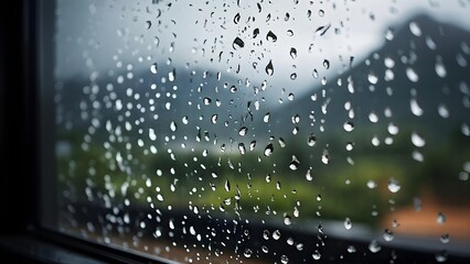 raindrops tracing paths down a large window with green nature in background out of focus