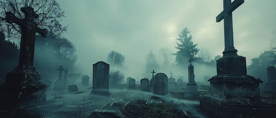 Obraz premium Eerie mist swirls around tombstones in a haunted graveyard, creating a spooky and mysterious atmosphere.