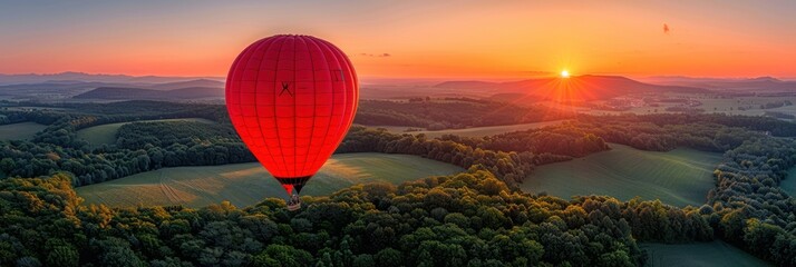 A hot air balloon flying above a dense green forest during summer - Powered by Adobe