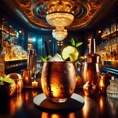 Moscow Mule Cocktail served in a copper mug in a luxury night bar. Drink, beverage and mixology concept