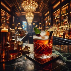 Negroni Cocktail in a luxury night bar. Drink, beverage and mixology concept