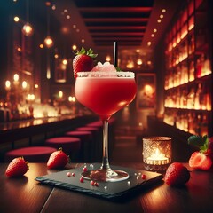 Strawberry Daiquiri Cocktail in a luxury night bar. Alcohol, drink, beverage and mixology concept