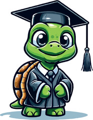 Obraz premium Cartoon green turtle wearing a mortarboard and academic gown, isolated on white background