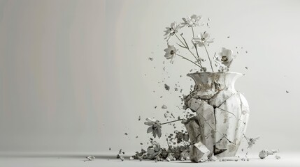 Broken vase with flowers depicting earthquake impact. A metaphor for fragility and sudden destruction. © olga_demina