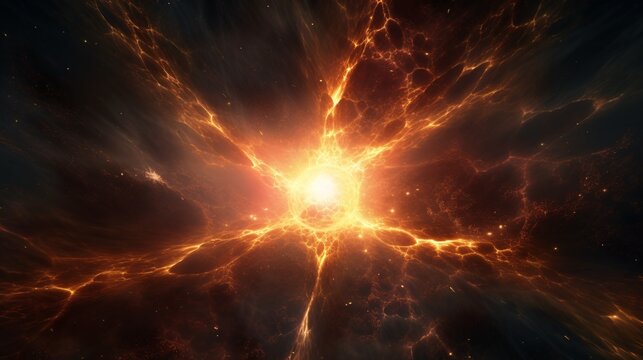 Abstract cosmos background showcases an awesome star. A black planet looms amidst the interstellar space energy.