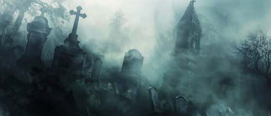 Obraz premium Spooky graveyard at night, tombstones enveloped in mist, creating an eerie and ghostly atmosphere.