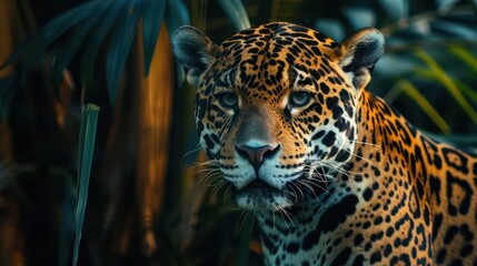 Obraz premium Intense and captivating, this jaguar's sharp stare commands attention against a backdrop of warm tones and lush jungle environment