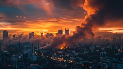 Obraz premium City engulfed in smoke and flames after an earthquake, highlighting the risk of secondary disasters.