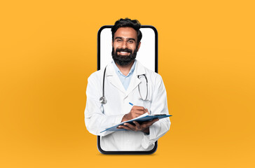 Smiling young eastern man doctor with a clipboard, presented within a smartphone frame,...