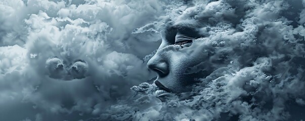 Surrealistic portrait of a young face formed by swirling clouds in a stormy sky, capturing the storm of youth.
