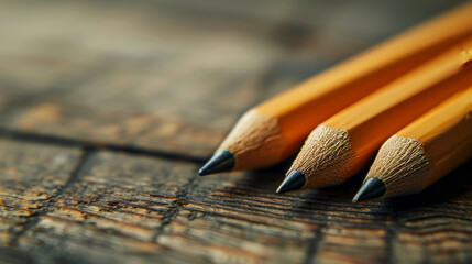Three pencils are sitting on a wooden surface