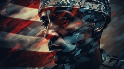 Close-up portrait of young african american soldier on american flag background - Powered by Adobe
