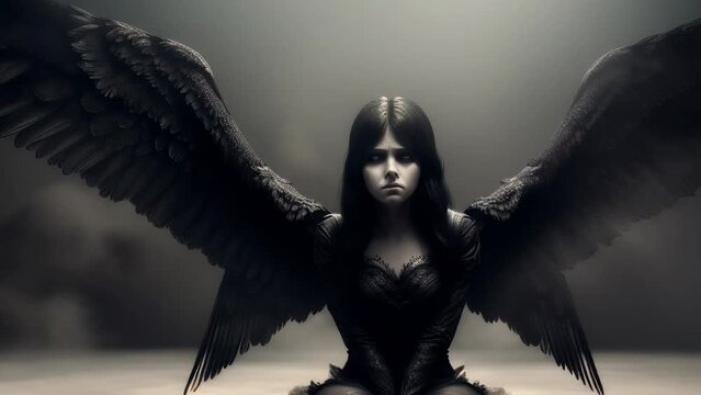Portrait of a beautiful attractive black fallen angel on a dark background