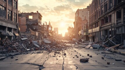 Sunset over a devastated city street. Aftermath of a seismic catastrophe.