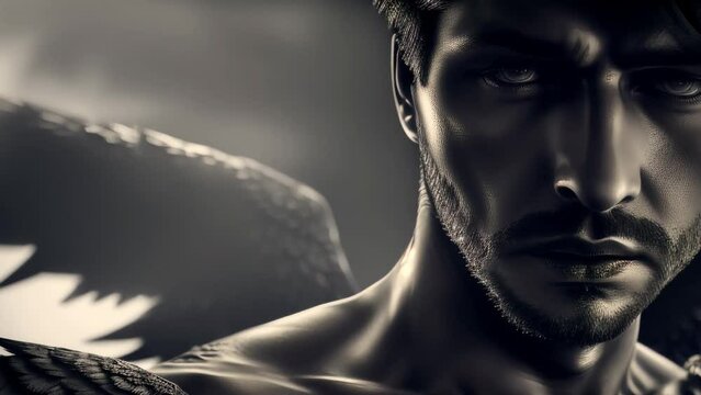 Portrait of a black fallen angel on a dark background, a suffering demon