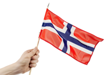 man hand hold national flag of Norway isolated on transparent background