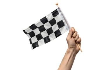 man hand hold checkered flag isolated on transparent background